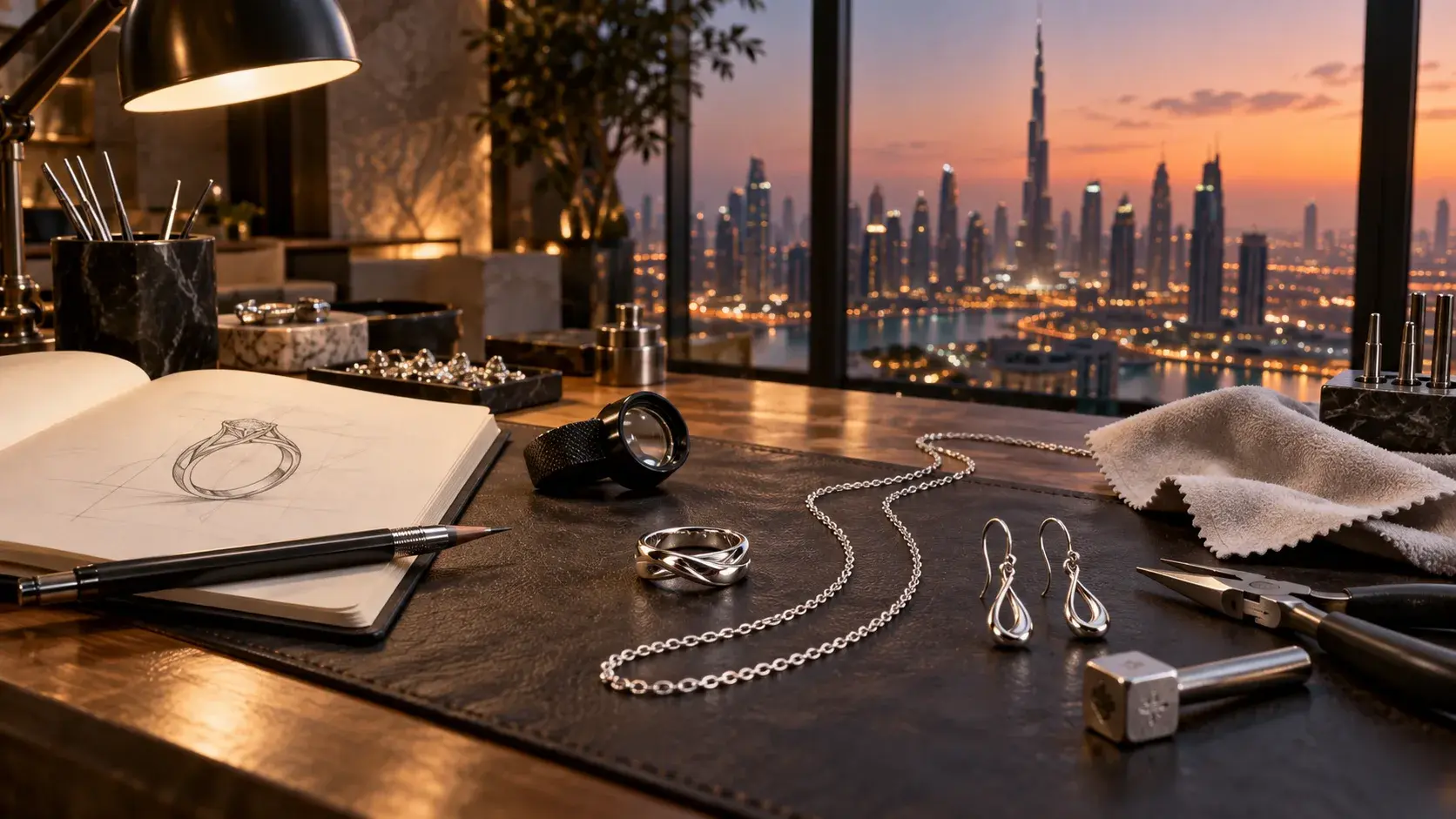 Dubai Silver jeweller's workbench with 925 silver ring, chain, earrings and tools overlooking the Dubai skyline