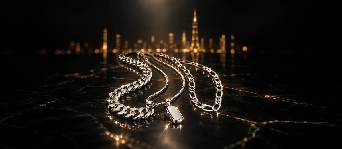 Cuban, box at figaro na 925 sterling silver chain sa itim na marble na may Dubai skyline