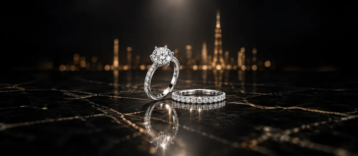 925 sterling silver na solitaire at eternity ring sa itim na marble na may Dubai skyline sa gabi