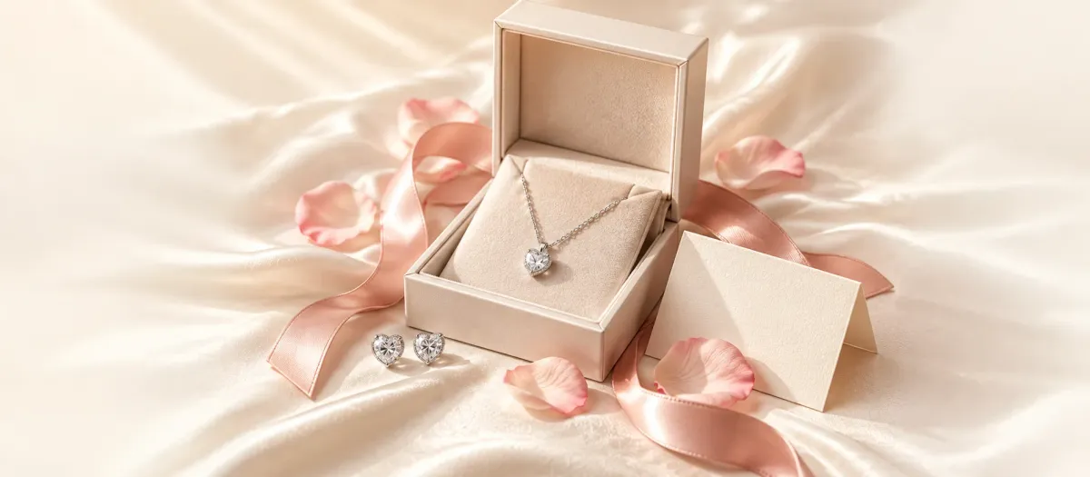 Silver na kuwintas na puso at hikaw na puso sa ivory na gift box na may pink na ribbon